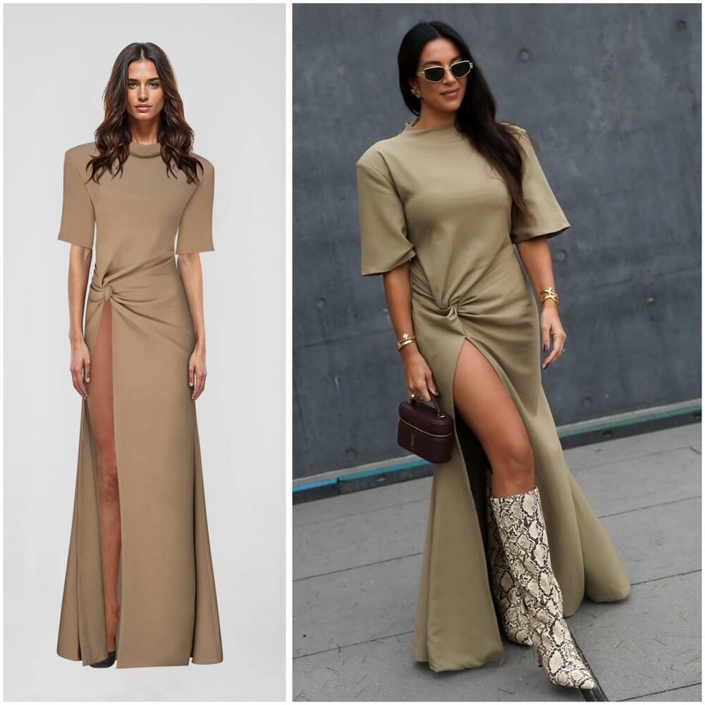 Atoir Raya Latte Ruched High Slit Maxi Dress Size 2 NWT